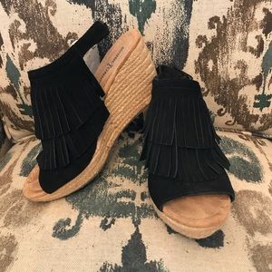 Black Minnetonka fringe wedge espadrilles